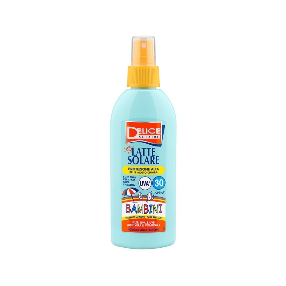 Delice Latte Solare Bambini Spray Resistente All'acqua Con Aloe Vera E Vitamina E  SPF 30 150 ml 
