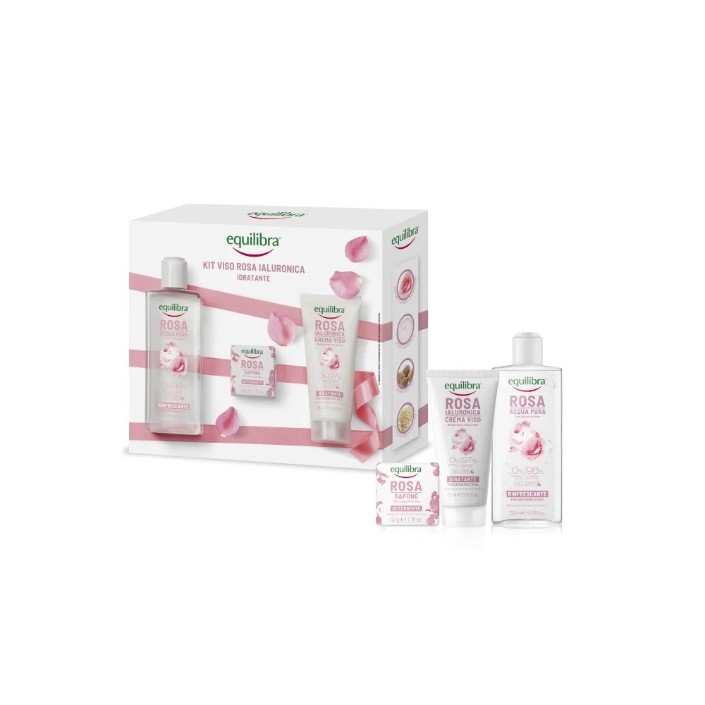 Equilibra Kit Viso Rosa Ialuronica Idratante Acqua Pura Rinfrescante + Crema Viso Idratante + Sapone Vegetale 
