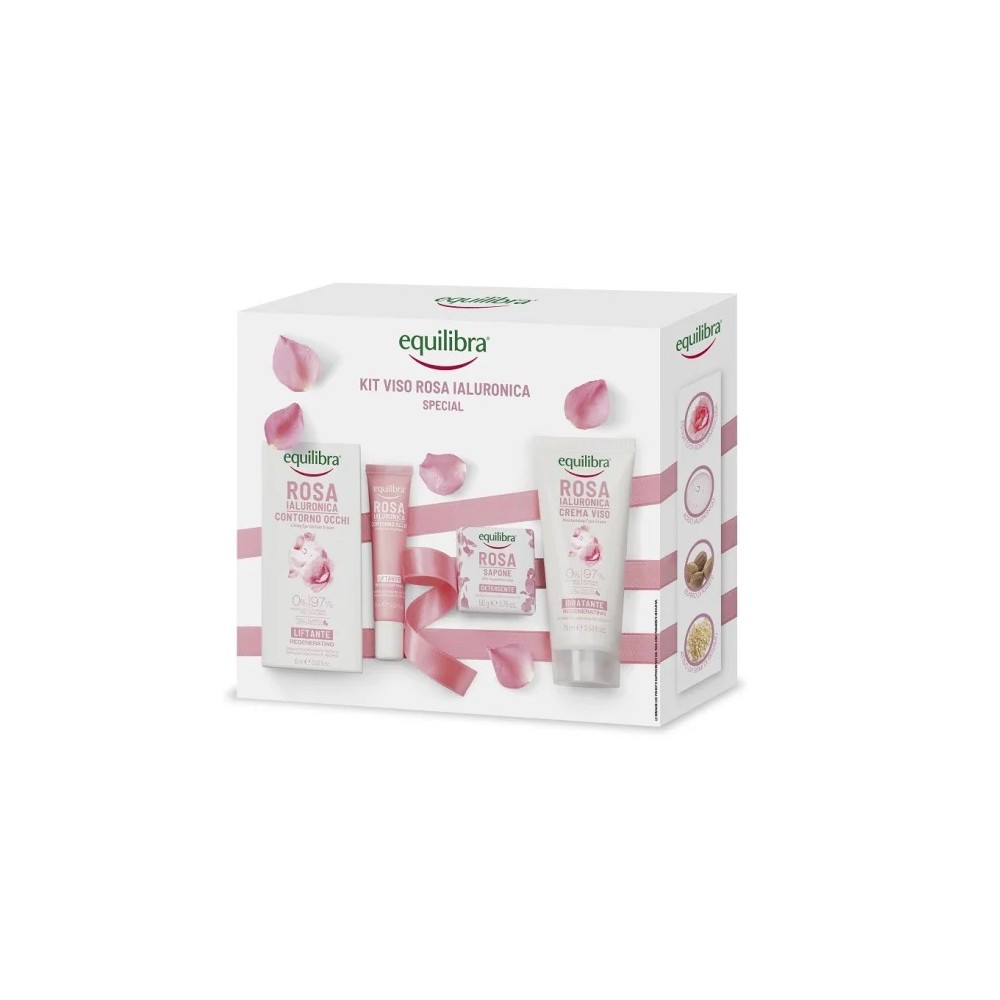 Equilibra Kit Viso Rosa Ialuronica Special Contorno Occhi Liftante + Crema Viso Idratante + Sapone Vegetale 