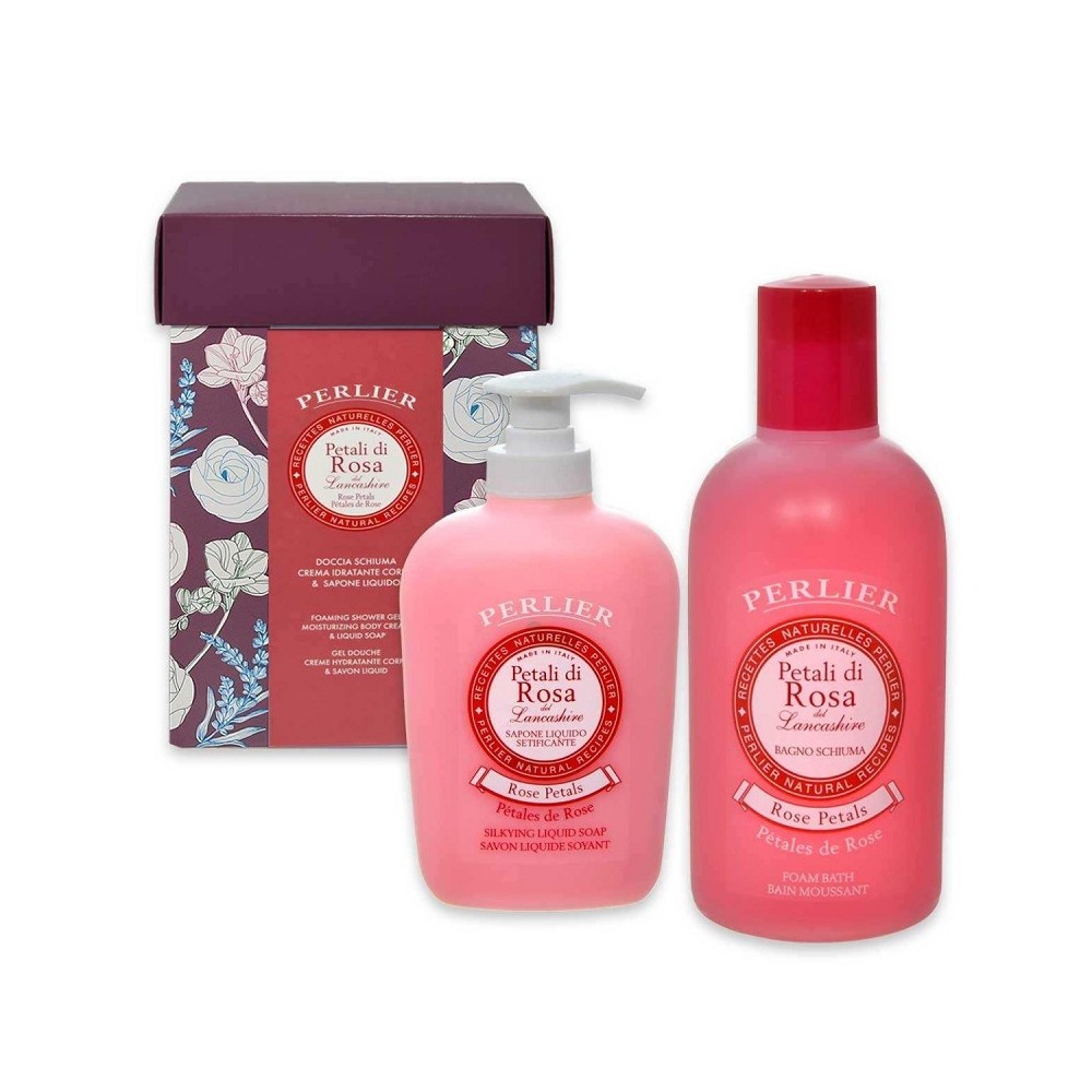 Perlier Petali di Rosa del Lancashire Bagno Schiuma 500 ml + Sapone Liquido 300 ml Cofanetto 