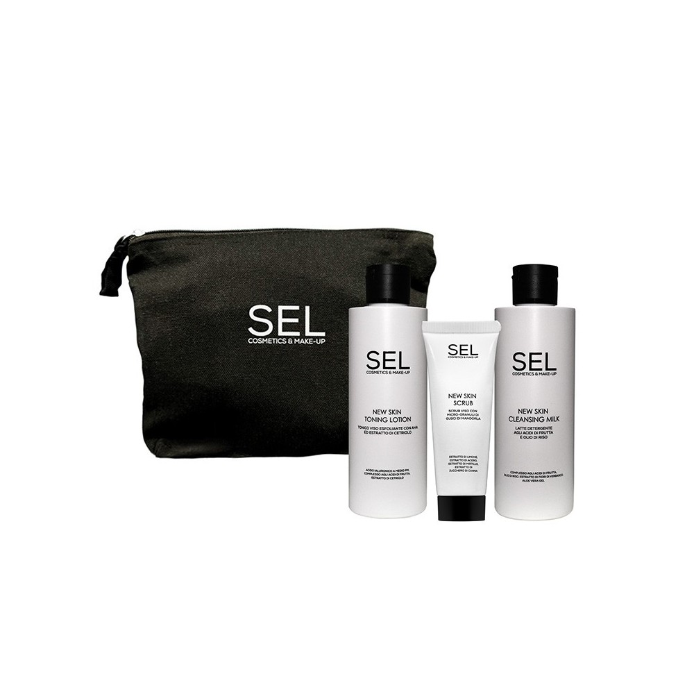 SEL Set Skincare Viso - Latte Detergente 200 ml + Tonico Esfoliante 200ml + Scrub Rigenerante 50 ml + Pochette 