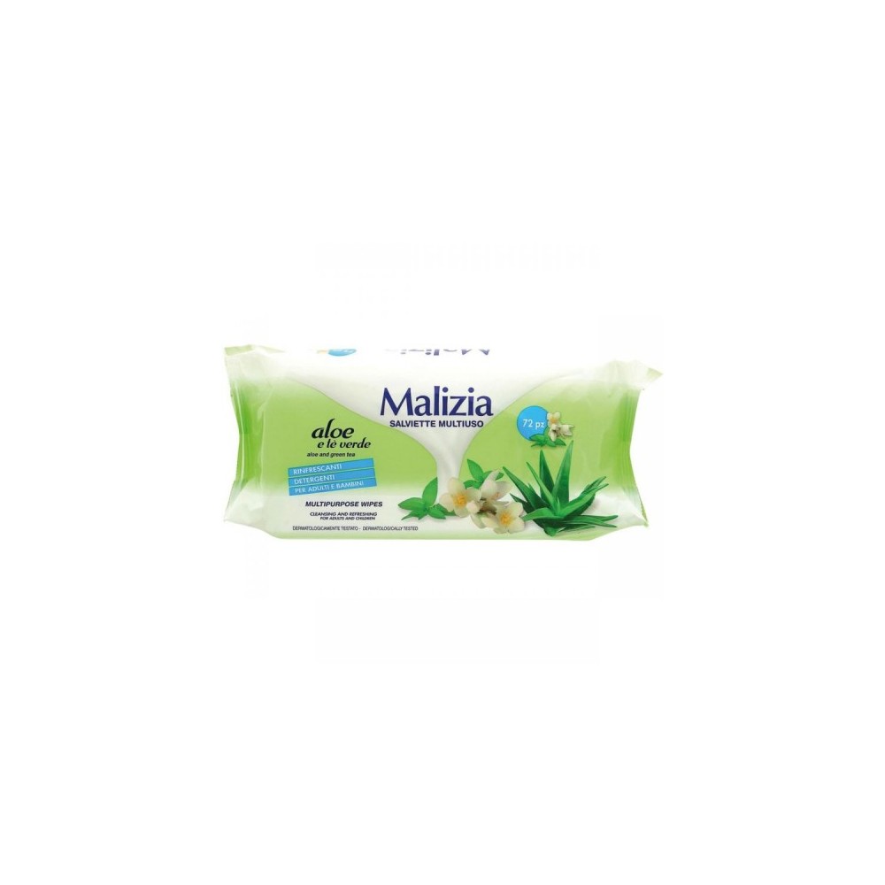 Malizia Salviette Multiuso Detergenti E Rinfrescanti Con Aloe E Tè Verde72 Pezzi 