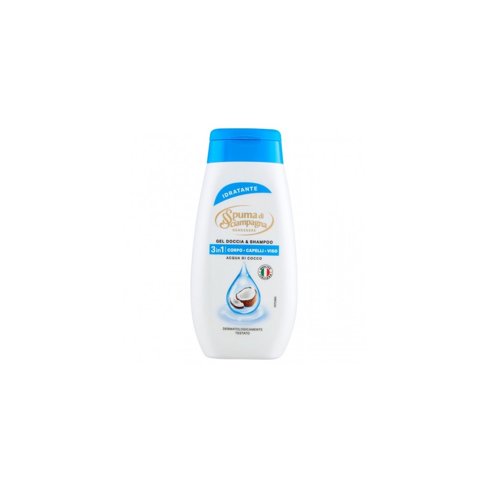 Spuma Di Sciampagna Acqua di Cocco Idratante - Gel doccia e Shampoo 3 in 1 Corpo Capelli e Viso 250 ml 